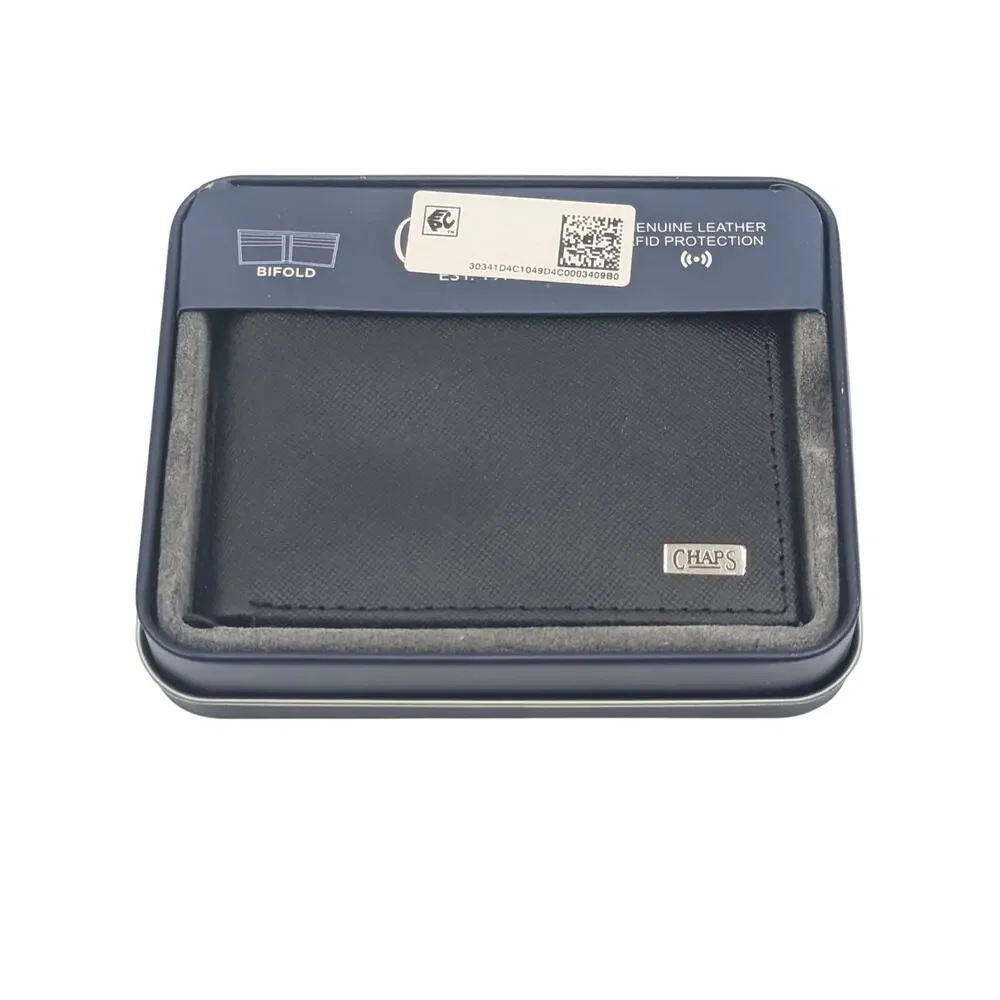 Chaps Men’s Black Leather Wallet RFID Blocking Traveler Bifold NWT